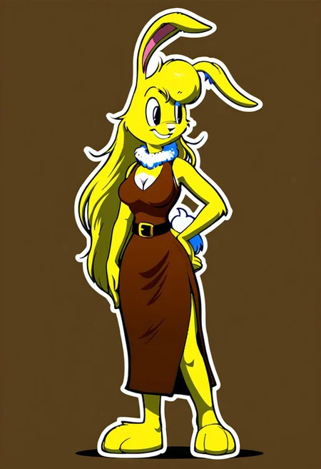 score_9, score_8_up, score_7_up, score_6_up, score_5_up, score_4_up, retro artstyle, BREAK
LoriJackRabbitPXL,1girl, breasts, dress, furry female, solo, animal ears, blonde hair, furry, long hair, cleavage, hand on own hip, tail, rabbit ears, rabbit girl, large breasts, smile, sleeveless dress, standing, outline, body fur, sleeveless, signature, belt, yellow fur, closed mouth, bare shoulders, brown dress, looking to the side,rabbit ears, brown background, rabbit tail, white outline, simple background, two-tone fur, animal nose, black eyes, happy
<lora:lorijackrabbit-v1:0.9>