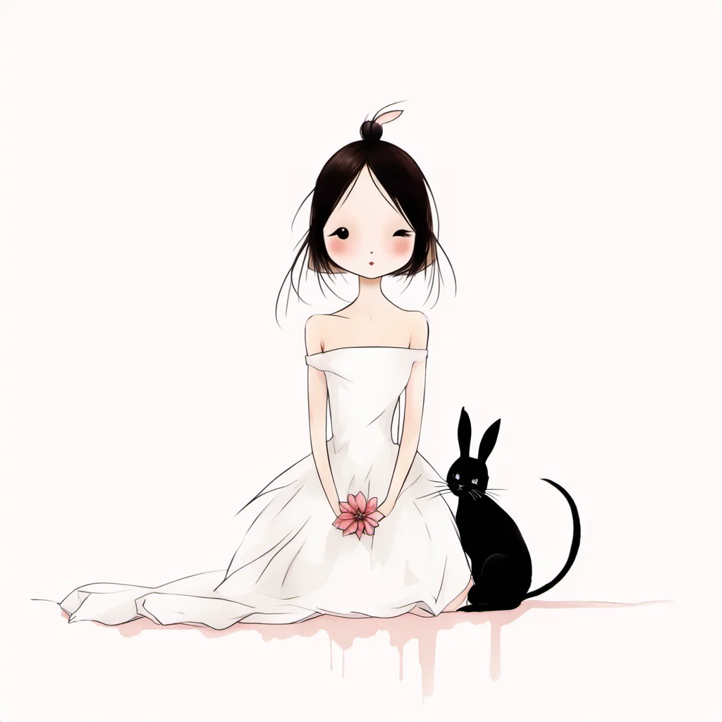 <lora:xiaohua:0.9>,xh,1girl,sitting,dress,black hair,solo,bare shoulders,rabbit,white background,animal,simple background,whiskers,flower,strapless,hair bun,white dress,cat,