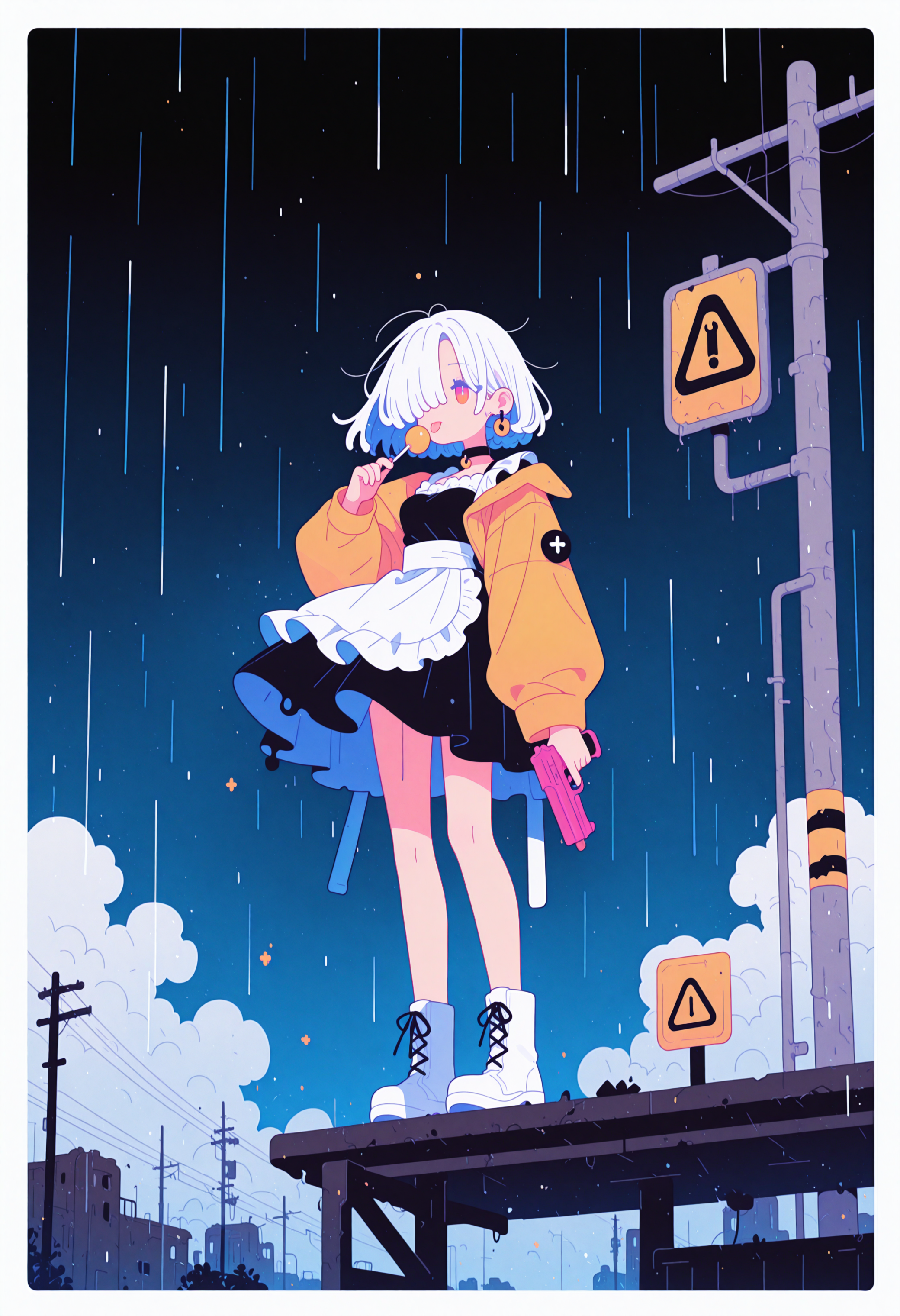 masterpiece, best quality, good quality, very aesthetic, absurdres, newest, 8K, from below,
spooky, dark stormy background, ((slanting rain, rainstorm, tempest, turbulent atmosphere, strong winds, raining heavy)),
((clothes and hair blown strongly by the wind, flowing fabric, disheveled hair, billowing skirt, windblown )),
BREAK
full body, 
side portrait of stunning girl standing on summit of ruin, bangs, white hair, multicolored hair, bobcut hair,
pastel cyan eyes, choker, hair over one eye,
small breasts, earrings, ear pierces,
ultra detailed decorative victorian gossamer clothes, very short tight black maid dress, maid apron,
white short boots,
simple pastel gradient red  background with extremely thick white border,
half closed eyes, unfocused eyes,
distant gaze, emotionless look, looking away, white thick eyelashes, white long eyelashes,
(holding a lollipop, licking a lollipop, 1 lollipop), aiming pistol with left hand,
wrecked fence and buildings in background, (post apocalyptic city background), thick clouds,
Flatline, Flat vector illustration, haiz_ai, [no lineart, no outline], ruanyi0935,
<lora:haiz_ai_illu:0.3> <lora:flatline:1.45> <lora:petravoice:0.4>  <lora:0935 rainstorm_v1_pony:0.66> masterpiece, best quality, good quality, very aesthetic, absurdres, newest, 8K, from below,
dark stormy background, ((slanting rain, rainstorm, tempest, turbulent atmosphere, strong winds, raining heavy)),
((clothes and hair blown strongly by the wind, flowing fabric, disheveled hair, billowing skirt, windblown )),
BREAK
full body,
side portrait of stunning girl standing on summit of ruin, bangs, white hair, multicolored hair, bobcut hair,
pastel cyan eyes, choker, hair over one eye,
small breasts, earrings, ear pierces,
ultra detailed decorative victorian gossamer clothes, very short tight black maid dress, maid apron, white over sized hazard jacket,
white short boots,
simple pastel gradient red  background with extremely thick white border on all four sides ,
half closed eyes, unfocused eyes,
distant gaze, emotionless look, looking away, white thick eyelashes, white long eyelashes,
(holding a lollipop, licking a lollipop, 1 lollipop), (aiming with red pistol),
wrecked fence and buildings in background, (post apocalyptic city background), thick clouds, standing  at  abandoned railway station,
Flatline, Flat vector illustration, haiz_ai, [[[no lineart, no outline]]], ruanyi0935,
<lora:haiz_ai_illu:0.3> <lora:flatline:1.5> <lora:petravoice:0.4>  <lora:0935 rainstorm_v1_pony:0.66>