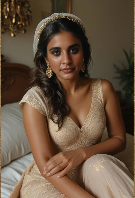 score_9, score_8_up, score_7_up, masterpiece, best quality, uncensored, A radiant bride adorns a traditional bridal red indian saree with intricate gold borders, her sheer blouse revealing delicate henna designs that stretch elegantly across her hands and down her legs, as she sits with her folded legs locked and palms pressed together in a serene pose of contentment on a honeymoon bed, which is opulently adorned with a vibrant array of fresh flowers, creating a picturesque setting of new beginnings and eternal love, UHD, 8k, Realistic, Stable_Yogis_PDXL_Positives