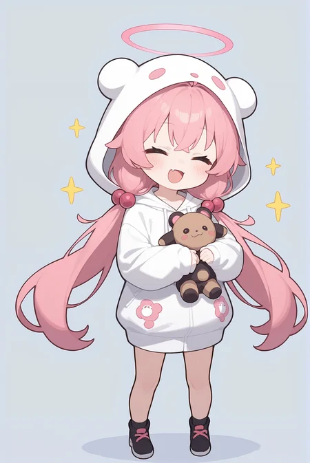 score_9,score_8_up,score_7_up,1girl,hoshino (blue archive),fang,pink hair,solo,twintails,hood,ahoge,long hair,chibi,halo,low twintails,closed eyes,hair ornament,bangs,blush,smile,standing,full body,very long hair,open mouth,facing viewer,hair bobbles,hoodie,stuffed toy,long sleeves,hood up,stuffed animal,:d,skin fang,hair between eyes,white hoodie,holding,simple background,=_=,sparkle,sleeves past fingers,animal hood,