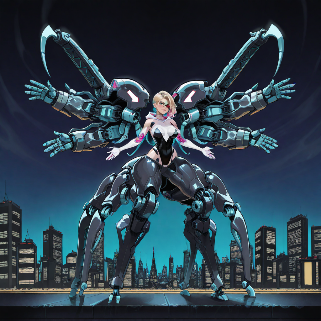 absurdres,highres,masterpiece,best quality,amazing quality,IllusP0s,curvy,wide hips,<lora:Dramatic Lighting Slider:2.5>,<lora:StS-Illustrious-Detail-Slider-v1.0:3>,breasts,wide hips,(mecha:1.2),(robot:1.2),(exoskeleton:1.5),(cyb3r3x0:1.2),<lora:Exosuit>,(mecha musume:1.5),solo,sleeveless,spider-gwen,(extra arms:1.5),(arachne:2),(no mask:1.5),eyebrow piercing,spider-man: into the spider-verse,aelion draws,science fiction,city,cyborg,cyberpunk,night,evening,monster girl,arthropod girl,arthropod limbs,mechanical arms,taur,gwen stacy,hood down,