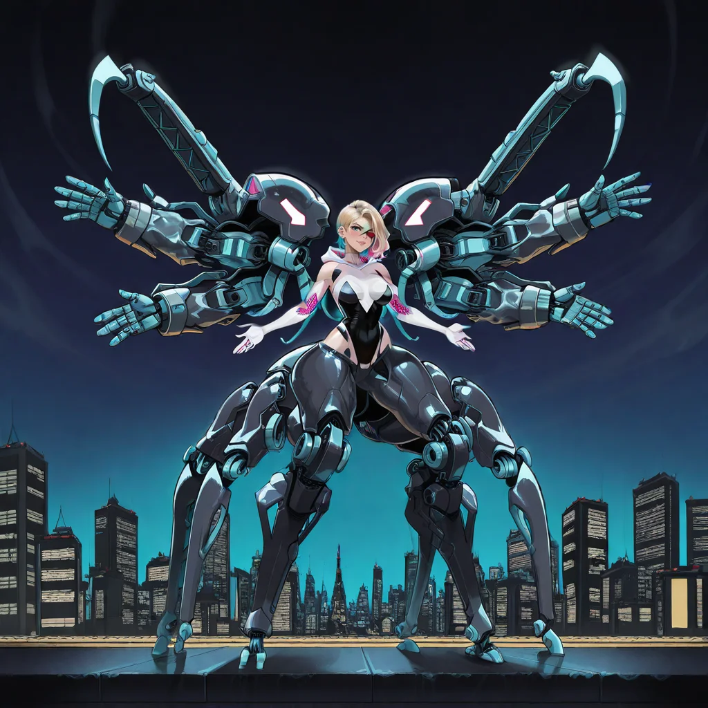 absurdres,highres,masterpiece,best quality,amazing quality,IllusP0s,curvy,wide hips,<lora:Dramatic Lighting Slider:2.5>,<lora:StS-Illustrious-Detail-Slider-v1.0:3>,breasts,wide hips,(mecha:1.2),(robot:1.2),(exoskeleton:1.5),(cyb3r3x0:1.2),<lora:Exosuit>,(mecha musume:1.5),solo,sleeveless,spider-gwen,(extra arms:1.5),(arachne:2),(no mask:1.5),eyebrow piercing,spider-man: into the spider-verse,aelion draws,science fiction,city,cyborg,cyberpunk,night,evening,monster girl,arthropod girl,arthropod limbs,mechanical arms,taur,gwen stacy,hood down,