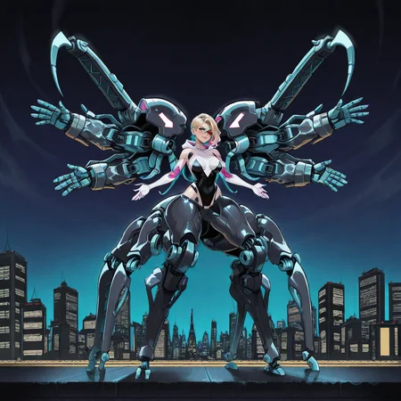 absurdres,highres,masterpiece,best quality,amazing quality,IllusP0s,curvy,wide hips,<lora:Dramatic Lighting Slider:2.5>,<lora:StS-Illustrious-Detail-Slider-v1.0:3>,breasts,wide hips,(mecha:1.2),(robot:1.2),(exoskeleton:1.5),(cyb3r3x0:1.2),<lora:Exosuit>,(mecha musume:1.5),solo,sleeveless,spider-gwen,(extra arms:1.5),(arachne:2),(no mask:1.5),eyebrow piercing,spider-man: into the spider-verse,aelion draws,science fiction,city,cyborg,cyberpunk,night,evening,monster girl,arthropod girl,arthropod limbs,mechanical arms,taur,gwen stacy,hood down,