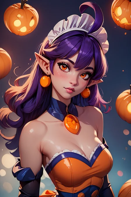 score_9, score_8_up, score_8, medium breasts, (curvy), cute, eyelashes, BREAK, , StardustPumpkinsCitronOC, solo, long purple hair, orange eyes, ahoge, pointy ears, orange dress, elbow gloves, bare shoulders, maid headdress, jewelry, earrings, <lora:StardustPumpkins_CitronOC_PDXL_v1:0.8>, , BREAK, (ultra realistic,32k, masterpiece:1.2),(high detailed skin:1.1),( high quality:1.1), curvy, head tilt, hearts, blush, lips, closed mouth, curvy, head tilt, shiny clothes, (upper body), looking at viewer, bokeh, luminescent background, ,,, embedding:zPDXL, Expressiveh, ,,, <lora:RlAnmPDXL:1.0>,