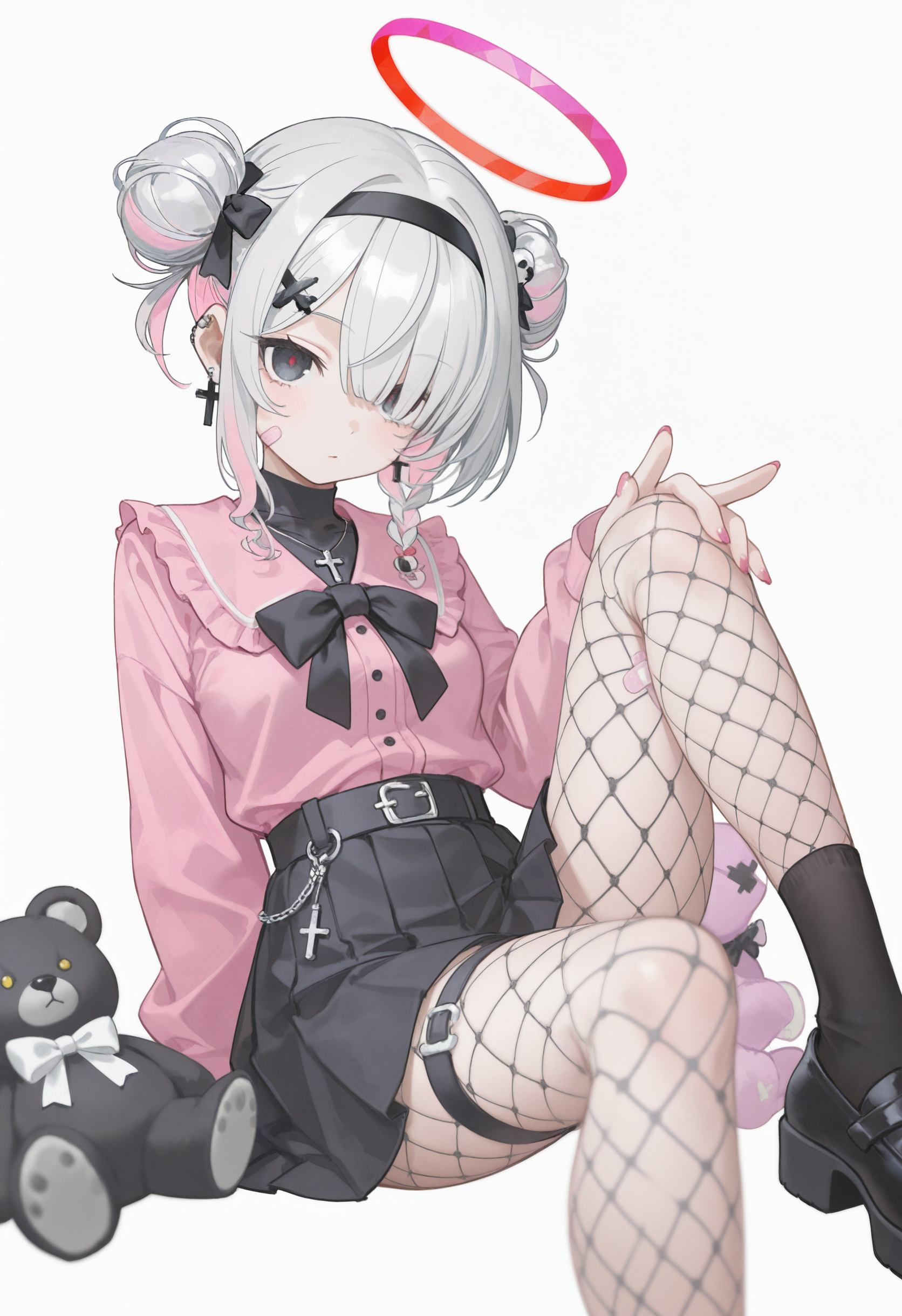 embedding:lazypos, 1girl, solo, large breasts, looking at viewer, blush, short hair, simple background, shirt, skirt, long sleeves, hair ornament, white background, closed mouth, jewelry, sitting, white hair, pink hair, grey hair, braid, multicolored hair, pantyhose, earrings, pleated skirt, frills, hairband, shoes, alternate costume, black skirt, black footwear, necklace, hair bun, nail polish, hair over one eye, black eyes, halo, black pantyhose, thigh strap, stuffed toy, black hairband, stuffed animal, cross, fishnets, bandaid, colored inner hair, pink nails, pink shirt, blurry foreground, teddy bear, fishnet pantyhose, bandaid on face, pink halo, cross necklace, bandaid on leg, red halo, cross hair ornament, skull hair ornament, cross earrings, bandaid on cheek, latin cross, jirai kei, bandaid hair ornament, plana (blue archive)