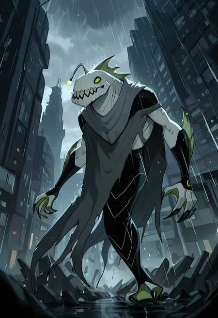 masterpiece, best quality, amazing quality, very aesthetic, absurdres, newest,,
ripjawsov, no humans, sharp teeth, teeth, colored skin, monster, pale skin, angler fish lure, green eyes, small eyes, , monster boy, claws, digimon (creature), fins, , square jaw
in city, dark city, heavy rain, grey sky, destroyed city, wearing cloak, grey cloak, ripped cloak, torn cloak, grey scarf, hood up, grey hood, pale legs,
