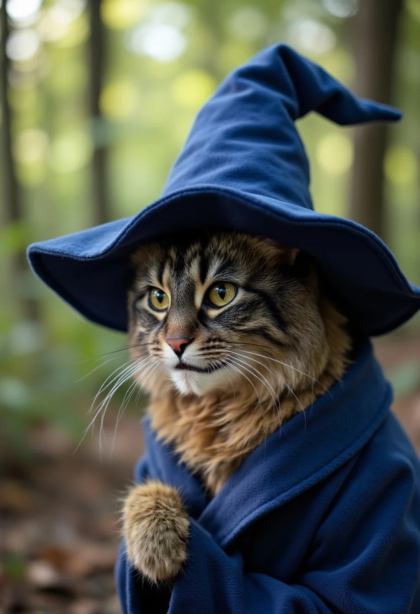 fluffy, medium-sized cat named Allie with a mottled coat featuring dark brown and black tabby stripes, wearing a blue wizard hat and robe, in a forest