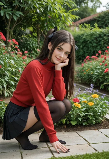 score_9_up, score_8_up, score_7_up, score_6_up, 1girl, 25 years old, perfect face, (adult), sexy,
green eyes, looking at viewer,
black hair, long hair, hair intakes, two side up, hair bow, black bow,
red sweater, turtleneck sweater, long sleeves, cross, black nails,
black skirt, pleated skirt,
black thighhighs, no shoes,
elbow rest, closed mouth, feet, from side, full body,
hand on own chin, head rest, squatting, tiptoes,
garden, flowers, shy smile, blush,