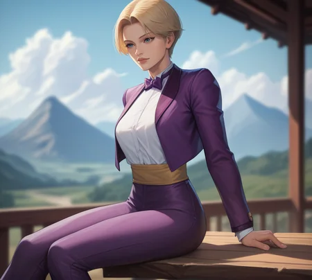 realism, score_9, score_8_up, score_7_up, score_6_up, score_5_up, score_4_up, <lora:King2000_t3-000013-128:1.0> 1girl, KOFKing, short blonde hair, large breasts, bowtie, purple cropped jacket, purple pants, mountain, sitting, seductive pose, great view, vista, depth of field
, outdoors,