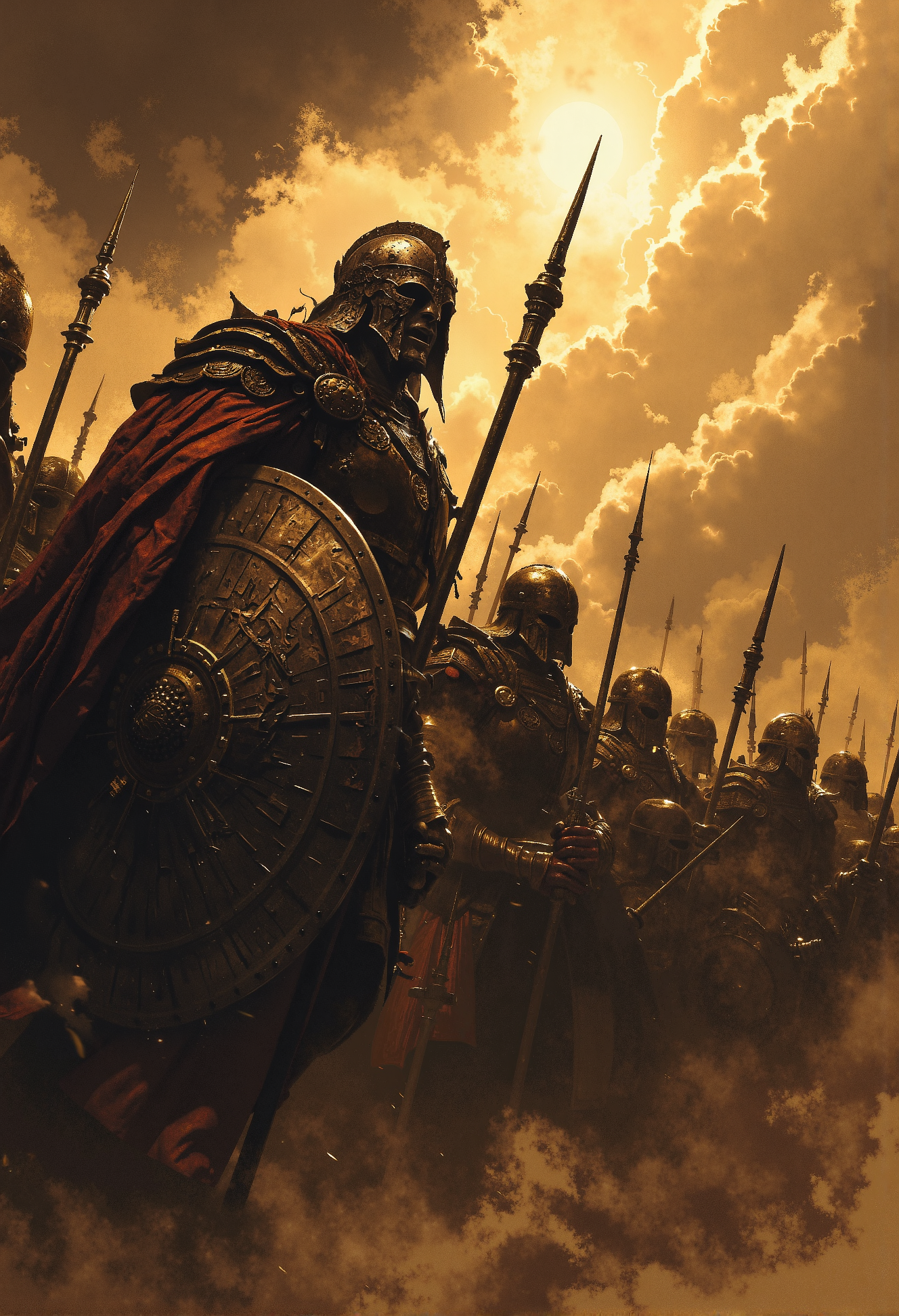 close-up of a high-resolution action scene of a phalanx formation, soldiers standing in a tight line, bracing against the onslaught of a fierce sandstorm. The warriors' massive shields lock together, forming an unbreakable wall of metal as they hold their long spears at the ready. The sandstorm swirls violently around them, grains of sand whipping through the air, obscuring the battlefield and darkening the sky. The sun struggles to break through the thick, swirling clouds of sand, casting only faint, dramatic beams of light that illuminate the soldiers in a golden, dusty glow.  At the front, the commanding officer stands tall, his face half-hidden by the chaos of the storm. He shouts a powerful, rallying war cry, his voice barely cutting through the howling winds, yet still carrying a sense of determination and unity. The soldiers, faces grim behind their visors, hold fast, their shields battered by the storm but unyielding.  The scene is dynamic and tense, with the sandstormâs fury contrasting against the calm, disciplined resolve of the soldiers. The storm rages around them, but the light from the struggling sun highlights the grit, courage, and defiance of the unit, standing strong against both the elements and the impending battle. <lora:FredFraiStyle-FLUX-Share.safetensors:0.5>, <lora:Magic_of_Art_(FLUX).safetensors:0.5>, <lora:Elden_Ring_-_Yoshitaka_Amano.safetensors:0.75>, <lora:- Flux1 - soothing_atmo_V2.0.safetensors:0.15>,