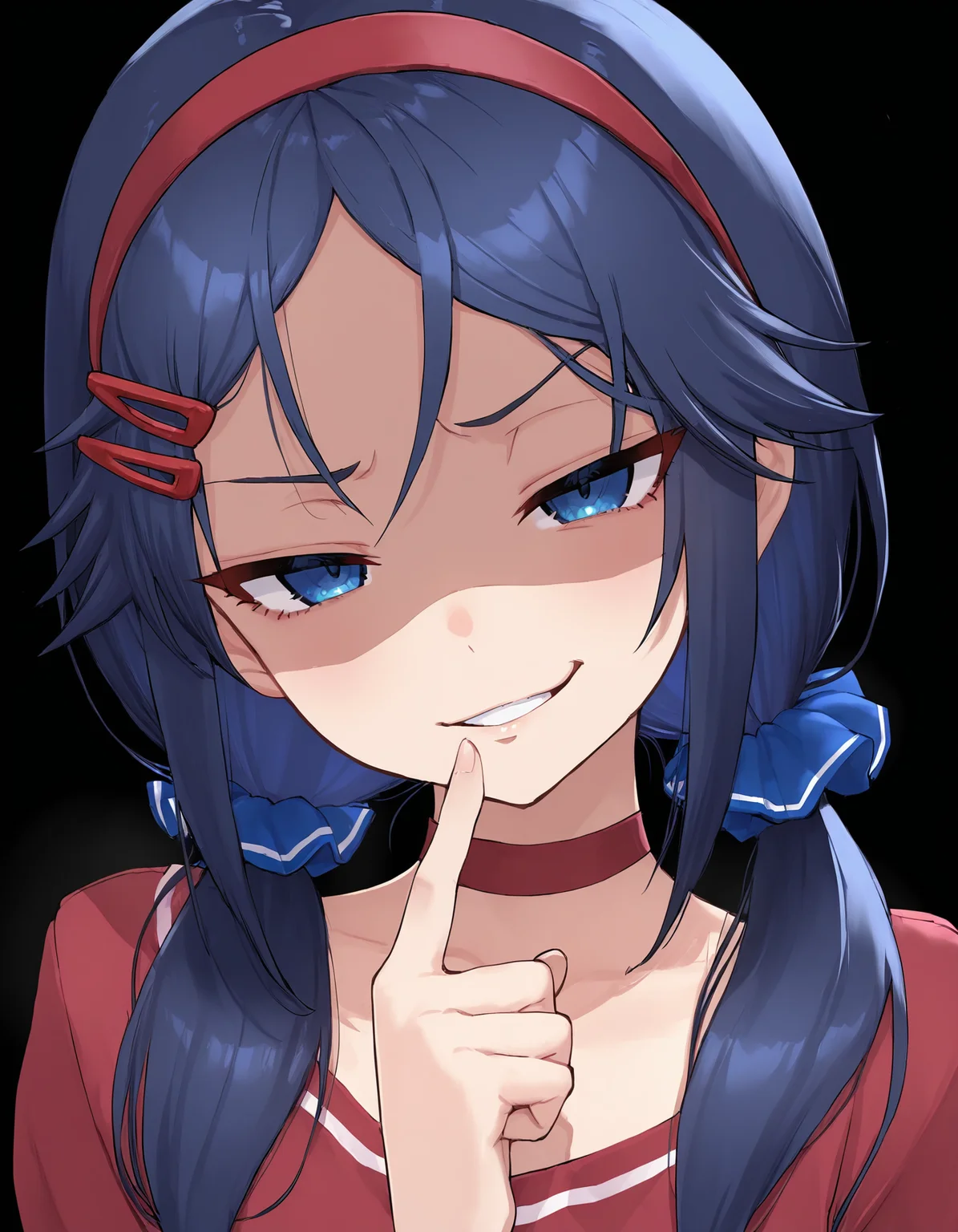 1girl, crazy mita \(miside\), masterpiece, blue eyes, low twintails, red hairband, blue scrunchie, red hairclip, red choker, finger to mouth, partially shaded face, head tilt, smirk, upper body, black background, blue hair, red shirt,