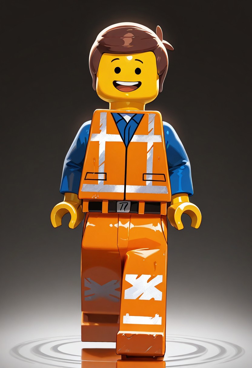 score_9, score_8_up, score_7_up, masterpiece, best quality, amazing quality, emmetbrick, 1boy, yellow skin, brown hair, black eyes, dot eyes, orange construction vest, blue shirt, orange construction pants with silver lined on the back front and underneath hips, silver-lined construction vest, black and silver standard-issue id badge on left leg, short hair, several ripples in hair, hair sticking out in the back of hair, solo, 1boy, solo, smile, male focus, open mouth, brown hair, blue shirt, shirt, yellow skin, looking at viewer, teeth, vest, standing