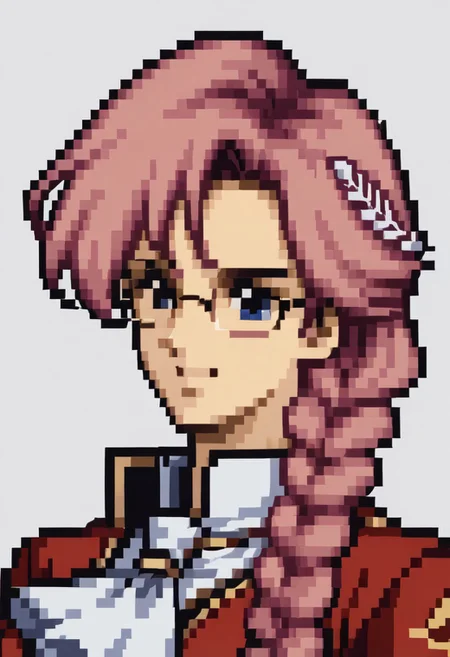 score_9, score_8_up, score_7_up, source_anime, 1girl, solo, smile,
<lora:zs_FE4PortraitsXL:1> fe4portraits, portrait, pixel art, white background
emmathors, ascot, blue eyes, braided ponytail, breasts, glasses, long hair, pink hair, red jacket, single braid, large breasts, <lora:emma-rebake3:0.9>