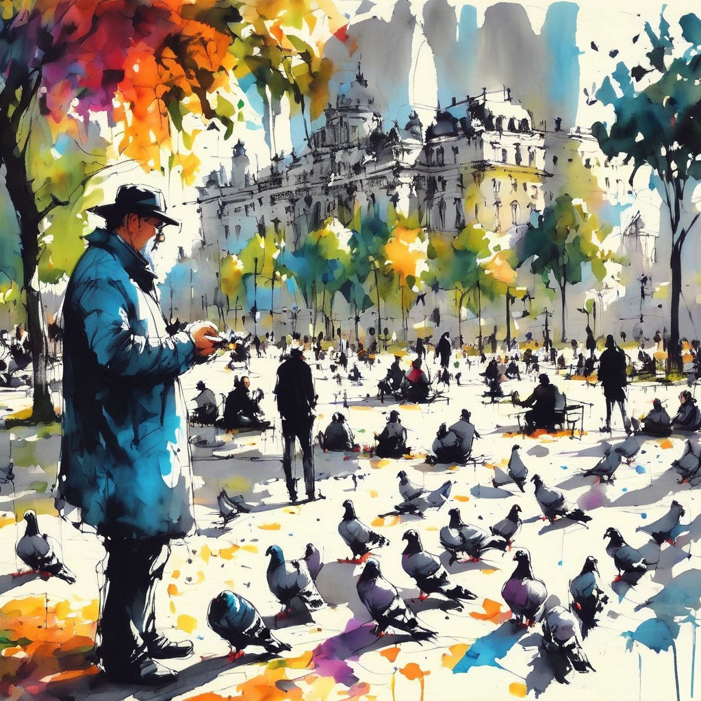 inksketch, a man feeding pigeons, city park, colorful