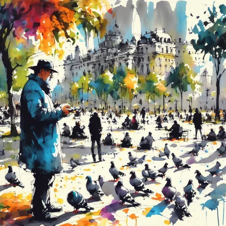 inksketch, a man feeding pigeons, city park, colorful