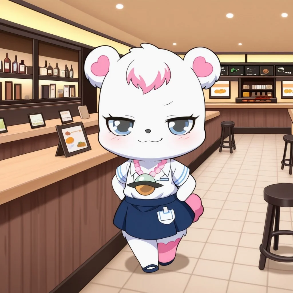 best quality, masterpiece, smirks, Full Body, Romantic, Small 2character, Body, Furry, looking_pleasured,labrajp, chibi, feral, multicolored hair, pink tail, tufted fur, furry, one pink leg, necklace, bear, restaurants uniform, restaurants outfit, restaurants, lobby smirk at viewer, being cute towards viewer, cashier, uniform, restaurants uniform shirt, restaurants skirt, register, counter, table, booth, stool, walking, holding trau
