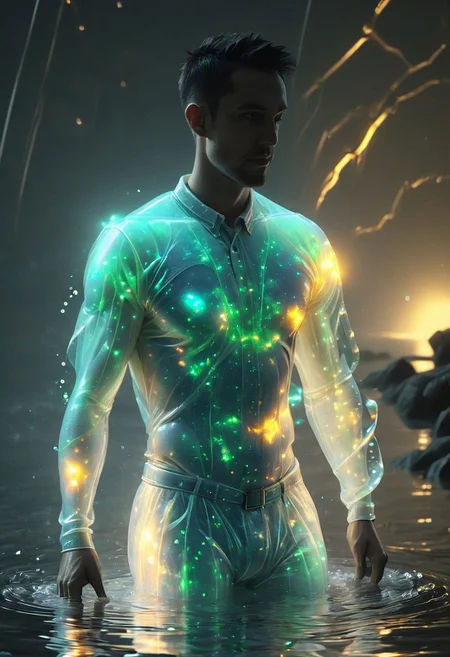 a man wearing a bioluminescent clothes glowing in water