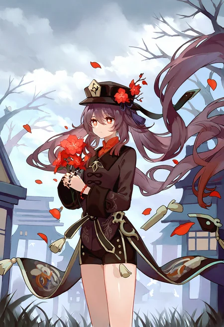 1girl, hu tao \(genshin impact\), 
flower, solo, brown hair, outdoors, hat, shorts, red flower, hat flower, architecture, plum blossoms, porkpie hat, long hair, sky, east asian architecture, holding, tree, long sleeves, twintails, coattails, hat tassel, symbol-shaped pupils, holding flower, cloud, flower-shaped pupils, red eyes, black shorts, black nails, falling petals, jewelry, black headwear, cloudy sky, building, branch, petals, bird, grass, grey sky, standing, bead bracelet, ring, tassel, tailcoat, multiple rings, bracelet, floating hair, short shorts, brown coat, coat, shirt, chinese clothes, closed mouth, red shirt, hair between eyes, wide sleeves, wind, very long hair, scenery, collared coat, cowboy shot, beads, bare tree, thighs,
masterpiece, best quality, newest, absurdres, highres, safe
 <lora:Dhiea1_noob1.1-000177:1>