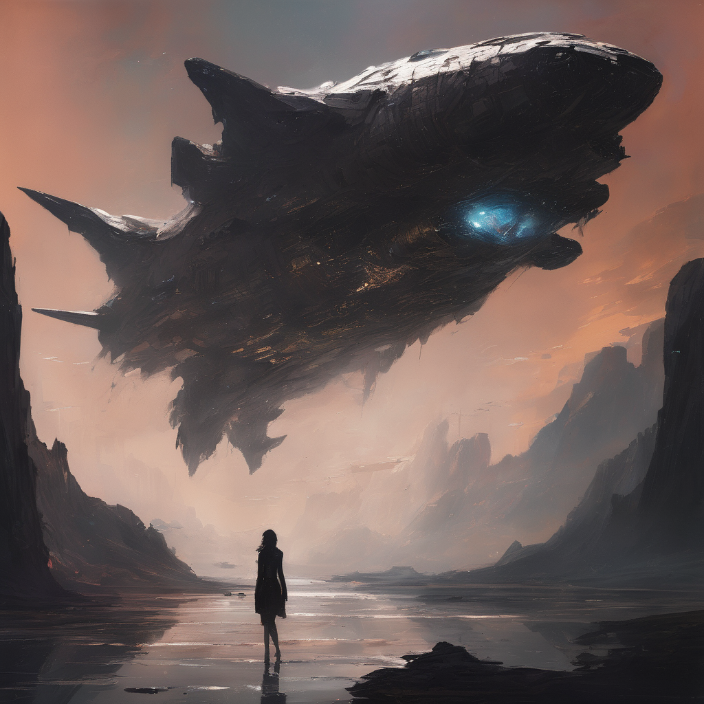 Retro-futuristic spaceship soaring through deep space, metallic surfaces reflecting bold, (bright metallic paints:1.2), hints of a dystopian atmosphere and landscapes, sharp silhouettes, a blend of high-tech and organic shapes, dramatic contrasts of light and shadow, evokes a sense of mystery and exploration, woman android