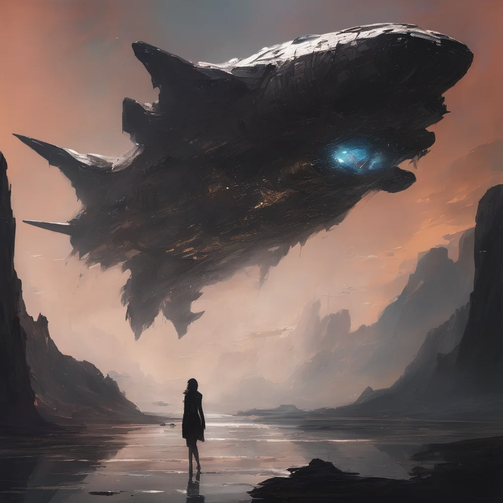 Retro-futuristic spaceship soaring through deep space, metallic surfaces reflecting bold, (bright metallic paints:1.2), hints of a dystopian atmosphere and landscapes, sharp silhouettes, a blend of high-tech and organic shapes, dramatic contrasts of light and shadow, evokes a sense of mystery and exploration, woman android