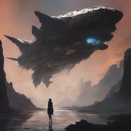 Retro-futuristic spaceship soaring through deep space, metallic surfaces reflecting bold, (bright metallic paints:1.2), hints of a dystopian atmosphere and landscapes, sharp silhouettes, a blend of high-tech and organic shapes, dramatic contrasts of light and shadow, evokes a sense of mystery and exploration, woman android