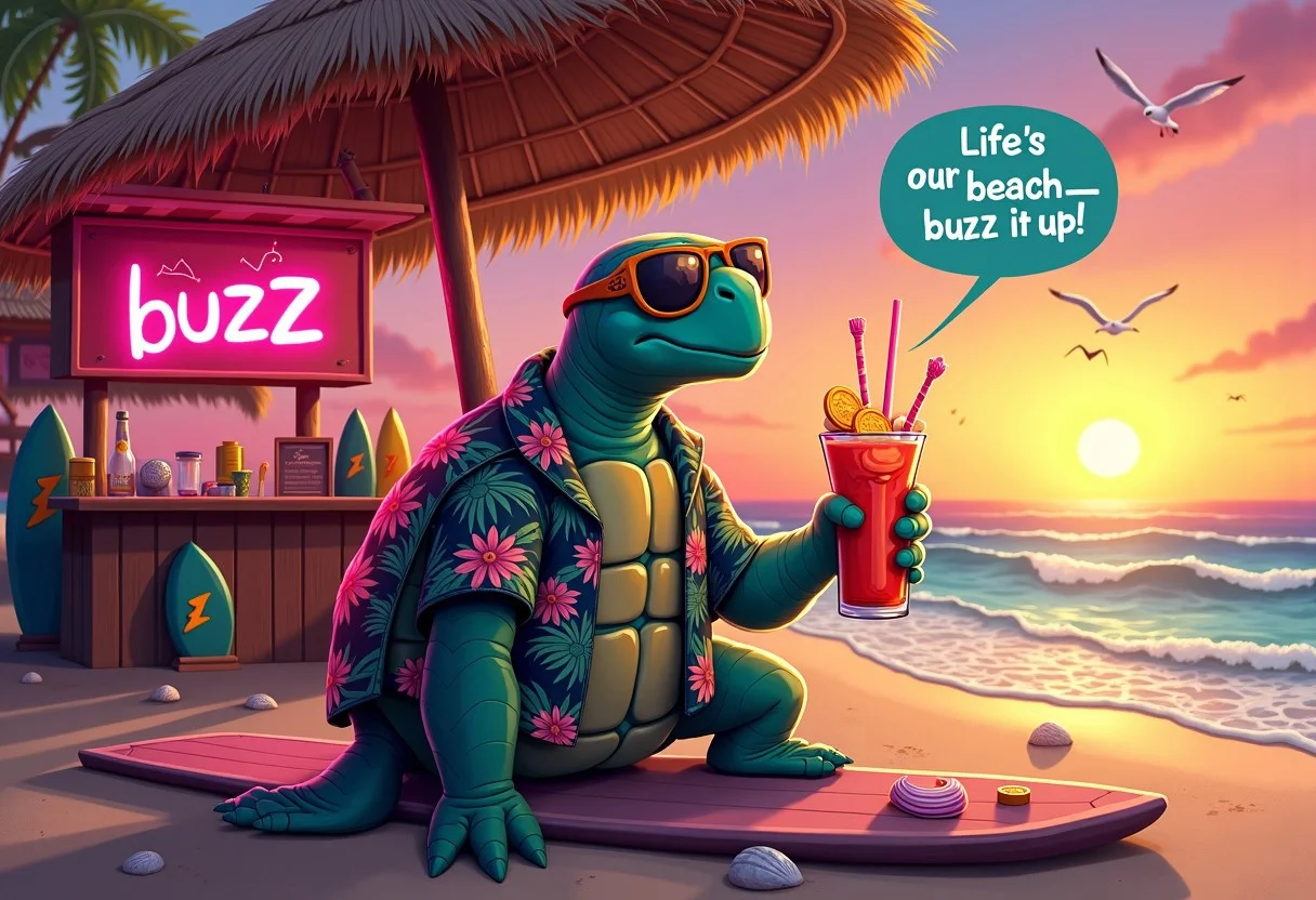 A cool, laid-back turtle sits at a beachside juice bar under a big straw umbrella, with the sun setting behind him in vibrant pinks and oranges. The turtle, with a chill expression and a pair of aviator sunglasses perched on his nose, wears a floral Hawaiian shirt that’s a bit oversized, its sleeves draping over his flippers. One flipper holds a tropical drink topped with a mini lightning bolt skewer, symbolizing the buzz emblem, while the other rests on a surfboard propped up beside him.
The juice bar’s sign reads “Buzz Shack” in bright, neon lettering, and around the bar, small decorative items hint at a love for buzz: seashells shaped like tiny buzz coins, surfboards painted with lightning bolts, and a menu board offering a “Buzz Blast Smoothie” special.
Above the turtle’s head is a speech bubble that reads,
“Life’s a beach—buzz it up!”
Behind him, gentle waves roll in, and a few seagulls hover in the sky, adding to the easy-going beach vibe. The whole scene exudes relaxed island energy, making it clear that for this turtle, the buzz life is all about chilling and enjoying the good vibes.