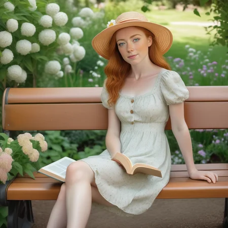 <lora:sophie-molgrin_xl:0.75> sophie-molgrin in a private garden, wearing a casual sundress and a wide-brimmed hat. Sheâs sitting on a garden bench with a book in her lap, surrounded by blooming flowers and greenery. Her expression is peaceful and content, enjoying a quiet moment in nature.