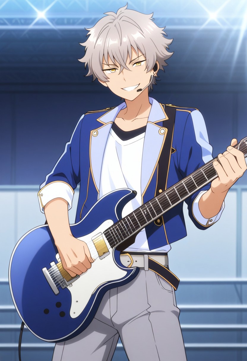 masterpiece,best quality,amazing quality, source_anime, 
kogaoogami, 1boy, male focus, solo, yellow eyes, grey hair, idol academy uniform, headset, shirt, white shirt, jacket, blue jacket, lapels, open jacket, belt, grey belt, pants, grey pants, guitar, grin,
outdoor, stage,