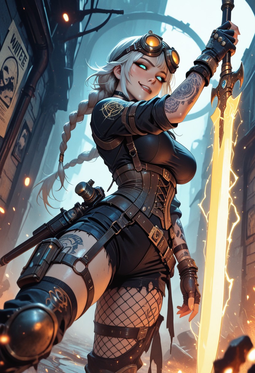highres, very detailed, amazing quality, masterpiece, very aesthetic, glitter, particle effect, 1girl, solo, beautiful eyes, tan skin, double braided ponytail, tattoo, arm tattoos, neck tattoos, chest tattoos, skimpy top, body strap harness, fishnets under clothing, asymmetrical clothing, asymmetrical, large breasts, choker, seducing, seductive, flirty, tender, loving, playful,
steampunk combat mage, tactical gear fused with arcane design, glowing brass fittings, enchanted utility belts, belts with vials of glowing liquid, arcane badge on hip, goggles pushed up on head, armored fingerless gloves, corset-integrated spell amplifier, glowing circuitry tattoos, magical police emblem, asymmetrical clothing, 
charging a spell in one hand, glowing spellblade, magical dagger, arcane energy weapon, blade crackling with magic, enchanted blade, spell channeling through weapon, glowing runes etched into blade, electricity and flame swirling violently, intense smirk, eyes glowing with arcane authority, foreshortening on outstretched arm casting forward, spell circle forming at viewer POV, smoke and debris rising around her boots,
ruined steampunk city, flickering streetlamps, shattered clockwork constructs around her feet, runes glowing on walls, wanted posters fluttering in spellshock wind, embers drifting in the air, dramatic orange/blue contrast lighting,
angle from below, cinematic lighting, dramatic depth of field, sparks and ash particles in foreground for motion blur