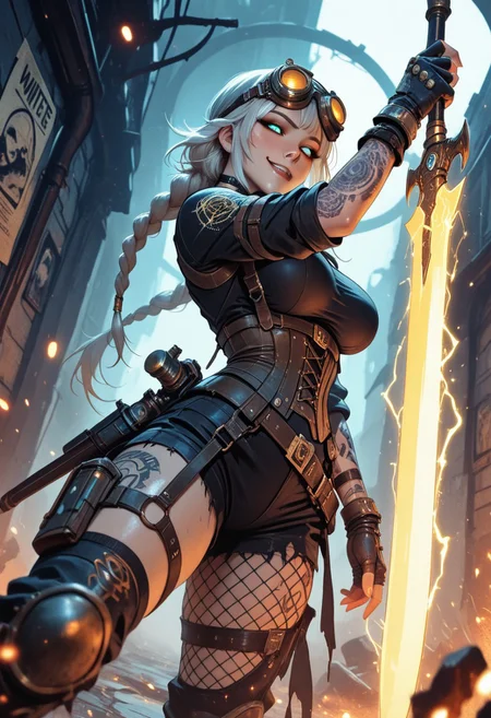 highres, very detailed, amazing quality, masterpiece, very aesthetic, glitter, particle effect, 1girl, solo, beautiful eyes, tan skin, double braided ponytail, tattoo, arm tattoos, neck tattoos, chest tattoos, skimpy top, body strap harness, fishnets under clothing, asymmetrical clothing, asymmetrical, large breasts, choker, seducing, seductive, flirty, tender, loving, playful,
steampunk combat mage, tactical gear fused with arcane design, glowing brass fittings, enchanted utility belts, belts with vials of glowing liquid, arcane badge on hip, goggles pushed up on head, armored fingerless gloves, corset-integrated spell amplifier, glowing circuitry tattoos, magical police emblem, asymmetrical clothing,
charging a spell in one hand, glowing spellblade, magical dagger, arcane energy weapon, blade crackling with magic, enchanted blade, spell channeling through weapon, glowing runes etched into blade, electricity and flame swirling violently, intense smirk, eyes glowing with arcane authority, foreshortening on outstretched arm casting forward, spell circle forming at viewer POV, smoke and debris rising around her boots,
ruined steampunk city, flickering streetlamps, shattered clockwork constructs around her feet, runes glowing on walls, wanted posters fluttering in spellshock wind, embers drifting in the air, dramatic orange/blue contrast lighting,
angle from below, cinematic lighting, dramatic depth of field, sparks and ash particles in foreground for motion blur