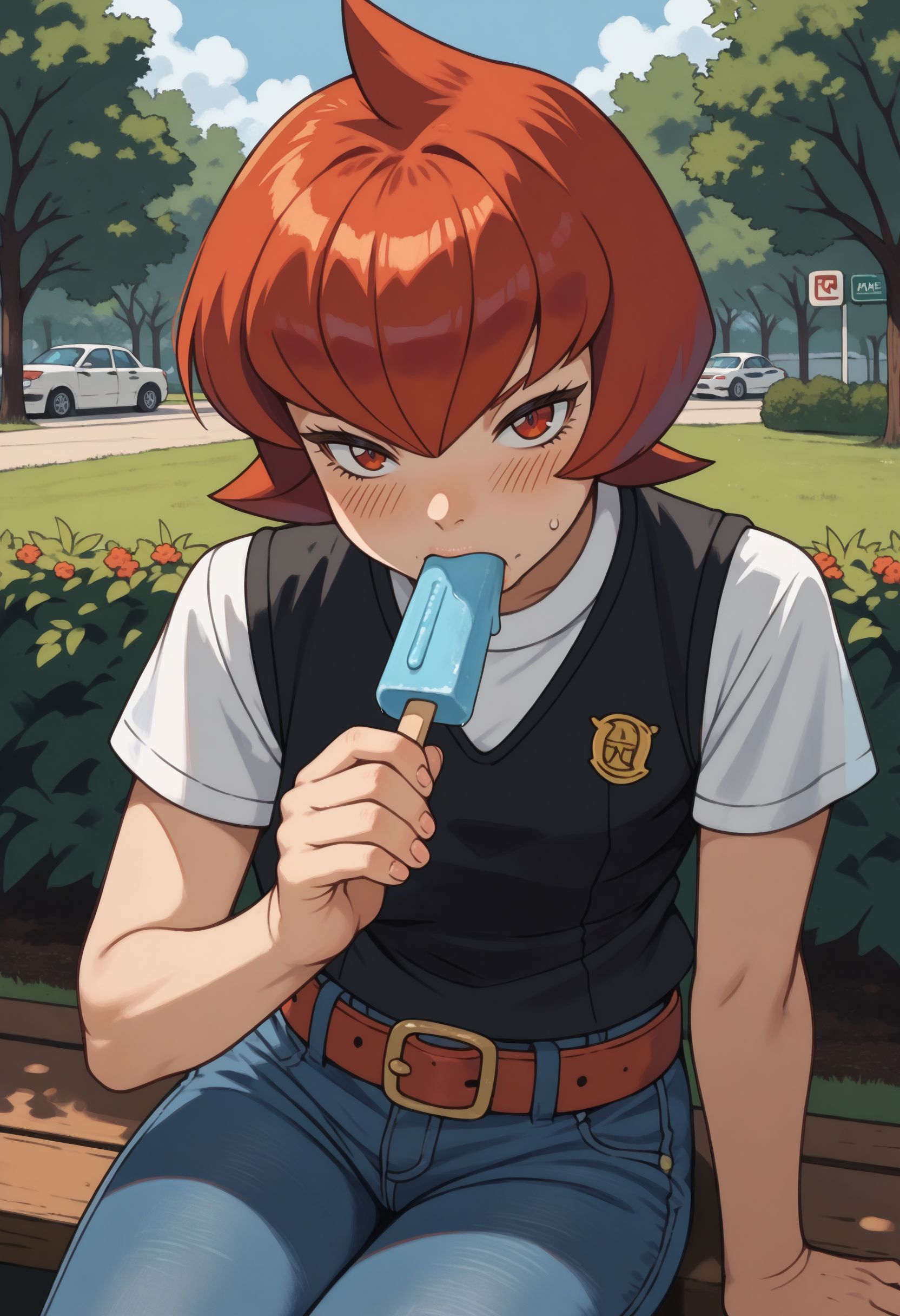 score_9, score_8_up,score_7_up, source_anime, 1girl, solo, EPGingadanMars, red eyes,  short hair, red hair,
toned,
black vest, white t-shirt, belt, jeans,
looking at viewer, blush, eating popsicle, food, holding popsicle, orange popsicle,
outdoors, park,
<lora:Mars_pdxl_EliPot:1>