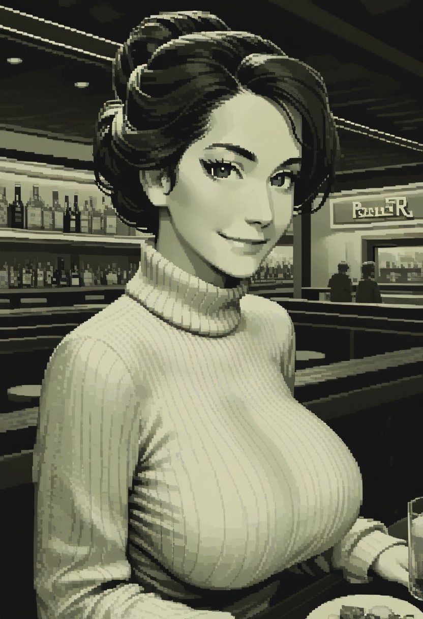 score_9, score_8_up, 
green theme, monochrome, pixel, source_anime, bold lines, flat colors,
beautiful, restaurant, bar, modern,
looking at viewer, pretty eyes, Expressiveh, 
dark eyebrows, large breasts,
updo hair, smirk, turtleneck sweater