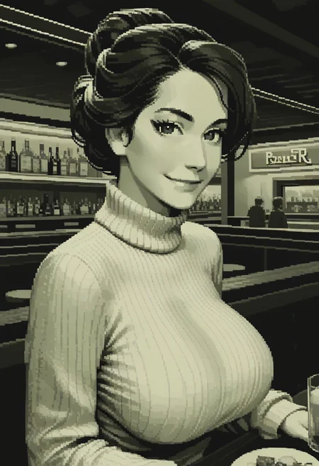 score_9, score_8_up,
green theme, monochrome, pixel, source_anime, bold lines, flat colors,
beautiful, restaurant, bar, modern,
looking at viewer, pretty eyes, Expressiveh,
dark eyebrows, large breasts,
updo hair, smirk, turtleneck sweater