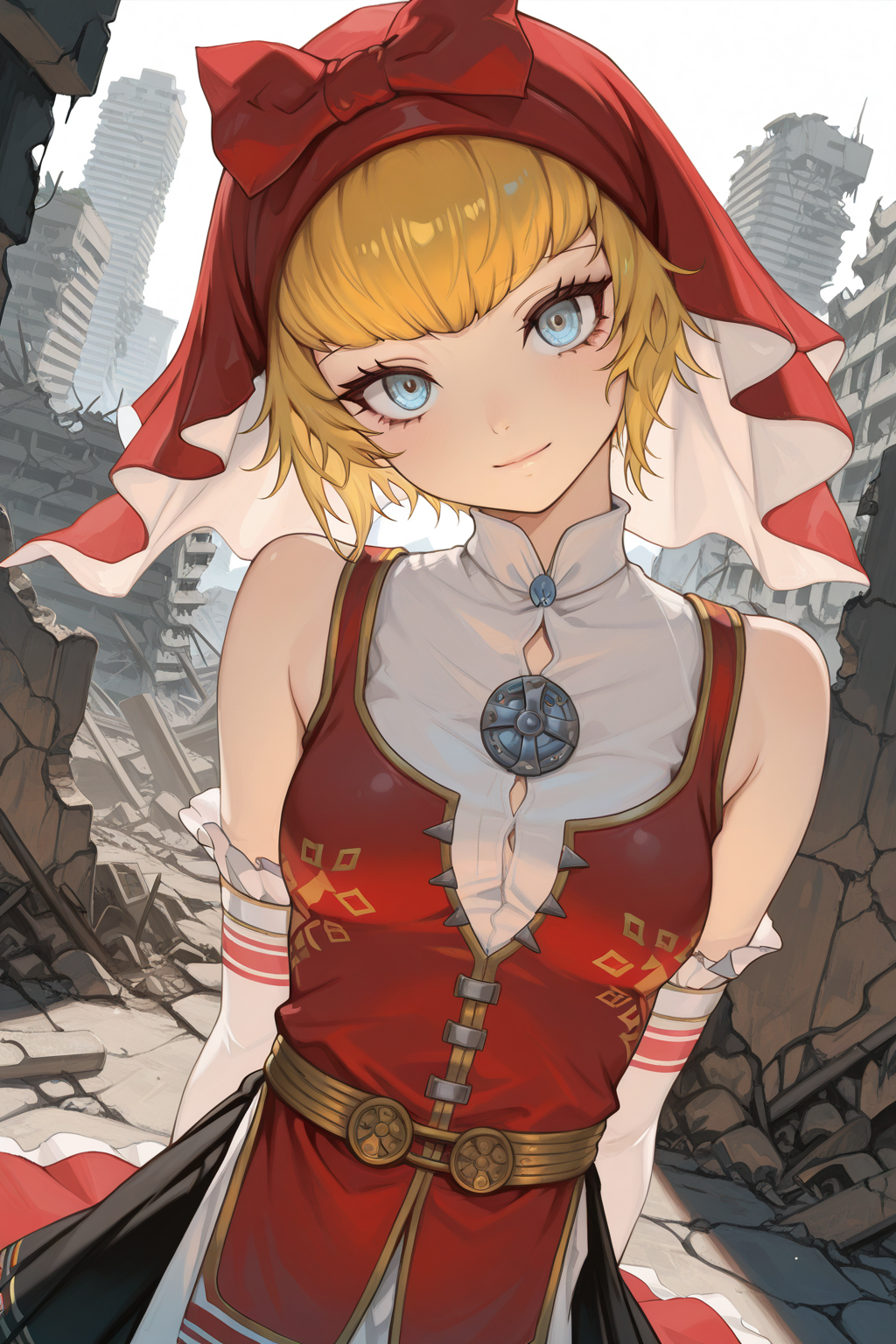 1girl,
IdunnShinMegamiTensei,
general, solo, dutch angle, upper body,
short hair, blonde hair, detailed eyes,
red hood, elbow gloves, 
skirt, 
looking at viewer, arms around back, light smile, head tilt,
tokyo, ruins, building, 
<lora:kp_IdunnShinMegamiTenseiIllustrious_v1_0:1.0>,
masterpiece, best quality, amazing quality