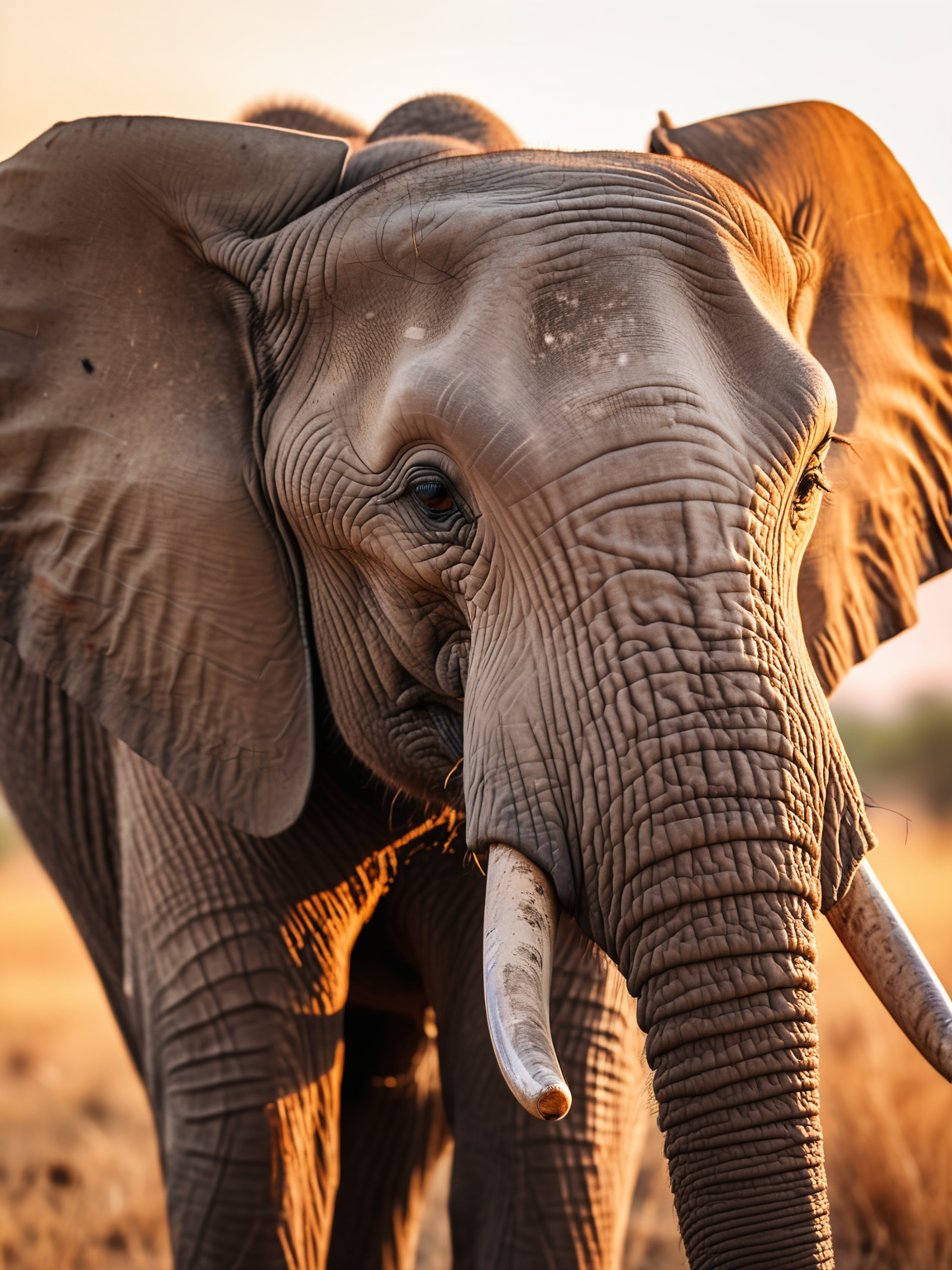 An intimate, close-up portrait of a wise, old elephant with expressive eyes, set against the backdrop of the African savannah at sunset, shot on a Canon EOS R5, high-resolution, emotive, and detailed.