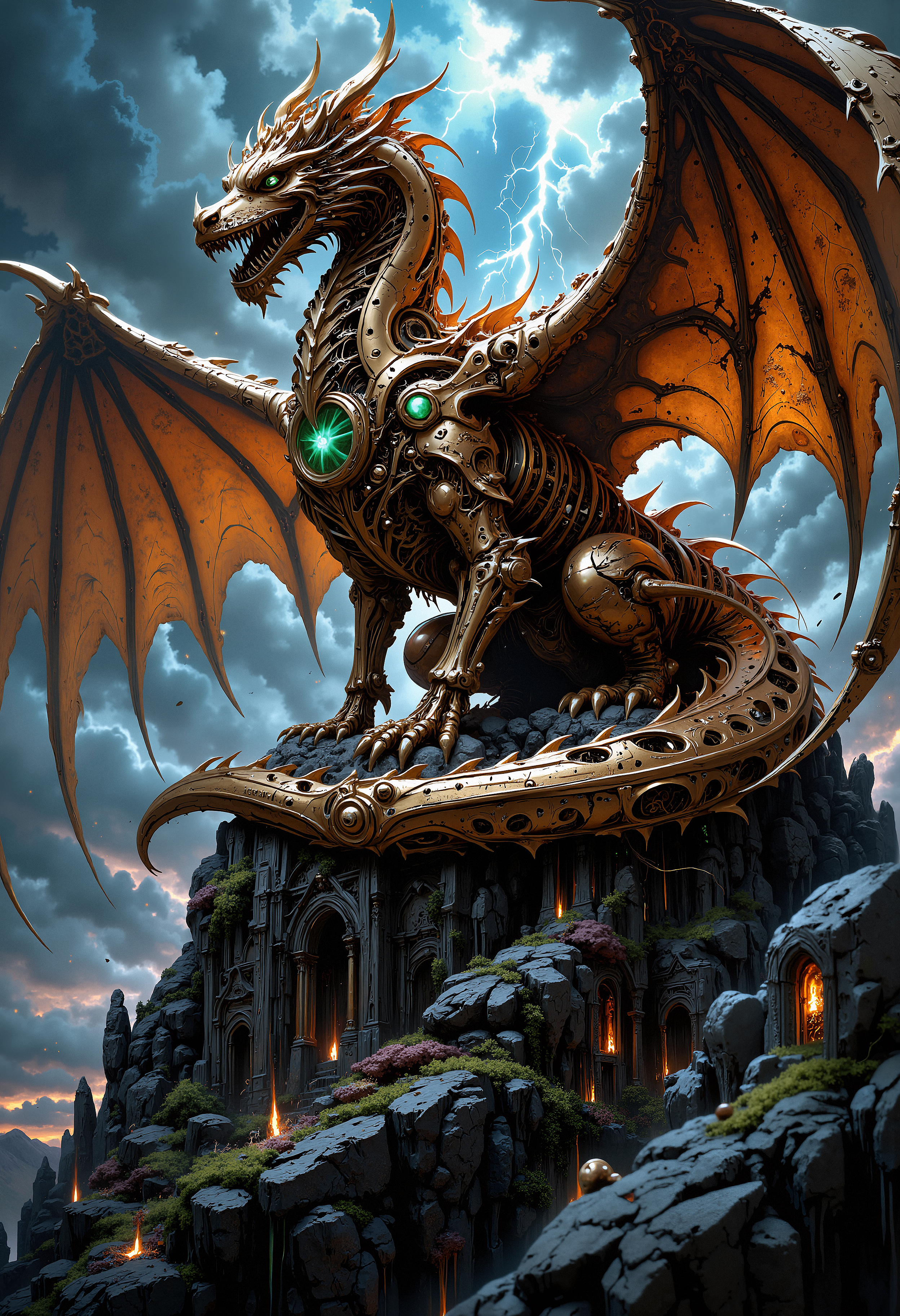 A highly detailed scene of a clockwork dragon, constructed entirely from intricate gears, cogs, and metallic components. Its wings are composed of bronze feathers, each feather etched with mechanical patterns. The dragon is perched atop a mountain of ancient ruins, its glowing emerald eyes casting an eerie light over the scene. The sky above is a stormy mix of swirling clouds and lightning, illuminating the dragonâs gleaming surface. The overall atmosphere is dark, mysterious, and filled with a sense of ancient power and advanced technology. The scene is hyper-realistic with a steampunk aesthetic, combining fantasy and industrial elements.   <lora:FluxMythP0rtr4itStyle:0.8> MythP0rt, <lora:aidmaImageUpgrader-FLUX-V0.1:0.33> detailmaximizer,  <lora:flux_vividizer:0.33> <lora:artilands:0.33>