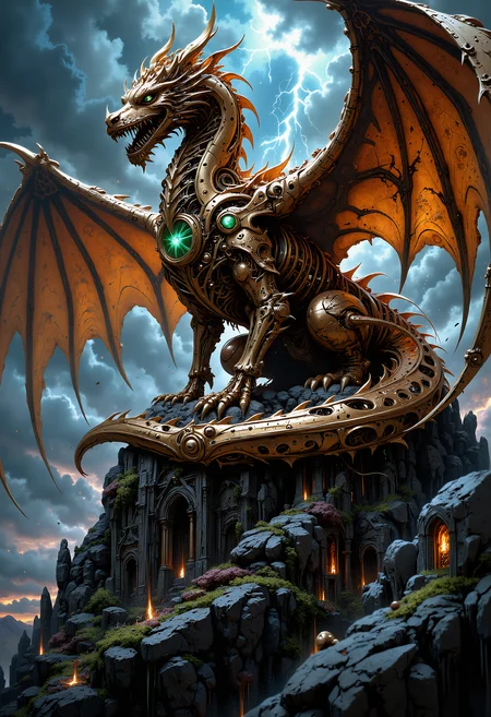 A highly detailed scene of a clockwork dragon, constructed entirely from intricate gears, cogs, and metallic components. Its wings are composed of bronze feathers, each feather etched with mechanical patterns. The dragon is perched atop a mountain of ancient ruins, its glowing emerald eyes casting an eerie light over the scene. The sky above is a stormy mix of swirling clouds and lightning, illuminating the dragonâs gleaming surface. The overall atmosphere is dark, mysterious, and filled with a sense of ancient power and advanced technology. The scene is hyper-realistic with a steampunk aesthetic, combining fantasy and industrial elements. <lora:FluxMythP0rtr4itStyle:0.8> MythP0rt, <lora:aidmaImageUpgrader-FLUX-V0.1:0.33> detailmaximizer, <lora:flux_vividizer:0.33> <lora:artilands:0.33>