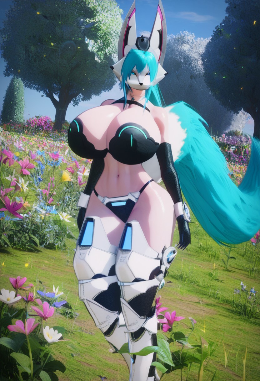 score_10 , score_9_up, score_8_up, score_7_up , score_6_up, vibrant colors, shiny_skin , prefect lighting, detailed image, snoozing , masterpiece , best quality , highly detailed , ultra quality , BREAK ,
 1girl , solo ,, Mistcat , furry female , long ponytail blue hair , fox tail  ,, huge breasts , curvy ,  thicc , cute ,, detailed face , bedroom eyes , smiling , jewelry ,, Bikini Armor , 
looking at viewer, detailed background , outdoors , garden , flower field , flower pots , plant pots , tree , cinematic composition , dynamic pose ,