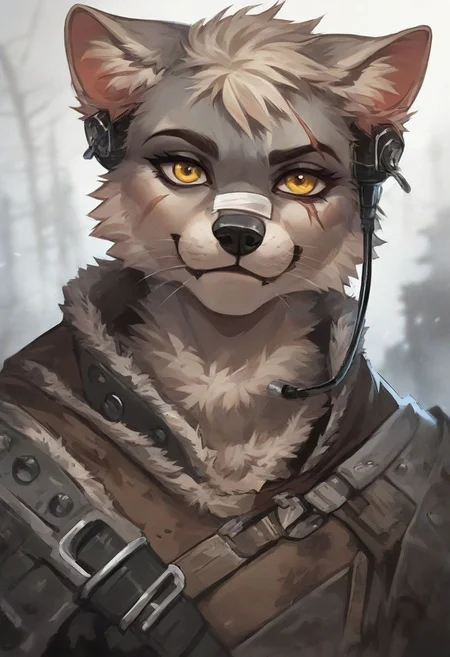 score_9, score_8_up, Furry, Anthro, gray Raccoon, Female, fang, whiskers, fluffy fur, small breast, yellow eyes, fluffy neck fur, short hair, dirty clothing, dirty, old clothing, wearing scrap armor with pouches, one military earpiece headset,  portrait, flat color, soft lighting, head shot, 5finger, Frozen wasteland city in background, snow, looking at viewer, scar, gauze bandage around upper arm, OverallDetail,