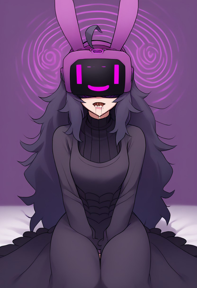 high quality, good quality, perfect quality, amazing quality, high res, masterpiece, score_9, score_8_up, score_7_up, source_anime, best quality, hex maniac, hairband, messy hair, purple hair, purple hairband, black dress, dress, long dress, long sleeves, juliet sleeves, zkovisor, hypnotic visor, helmet, rabbit ears, :), mind control, hypnosis, saliva, drooling, spiral, eyes covered