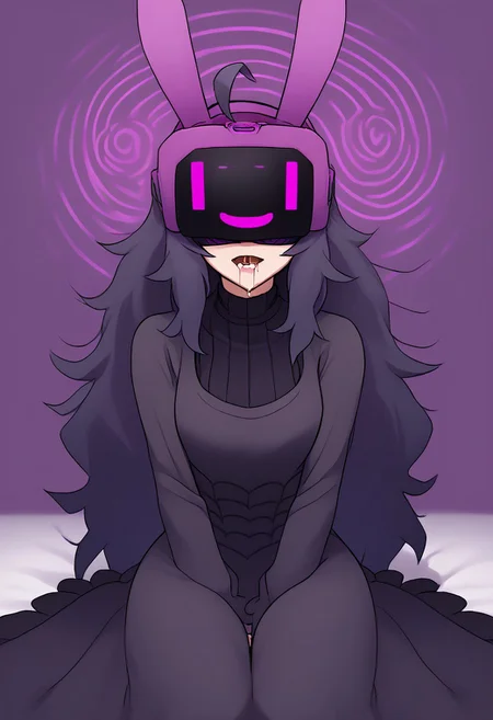 high quality, good quality, perfect quality, amazing quality, high res, masterpiece, score_9, score_8_up, score_7_up, source_anime, best quality, hex maniac, hairband, messy hair, purple hair, purple hairband, black dress, dress, long dress, long sleeves, juliet sleeves, zkovisor, hypnotic visor, helmet, rabbit ears, :), mind control, hypnosis, saliva, drooling, spiral, eyes covered