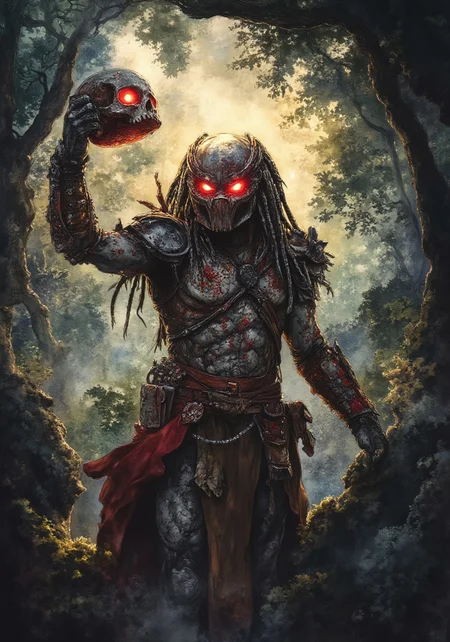 inspired in the movie predator: the prey (2019), and predator holding in his hand a bloody human skull, the human skull still has the spine, he raises his hand in sign of victory, a great thunder glows behind him, illuminating him, the sky is cloudy, The Predator's red eyes glow brightly, the predator screams, he is standing on the branch of a giant tree, in a jungle, epic and horror scene, the photo is completely cinematic,
