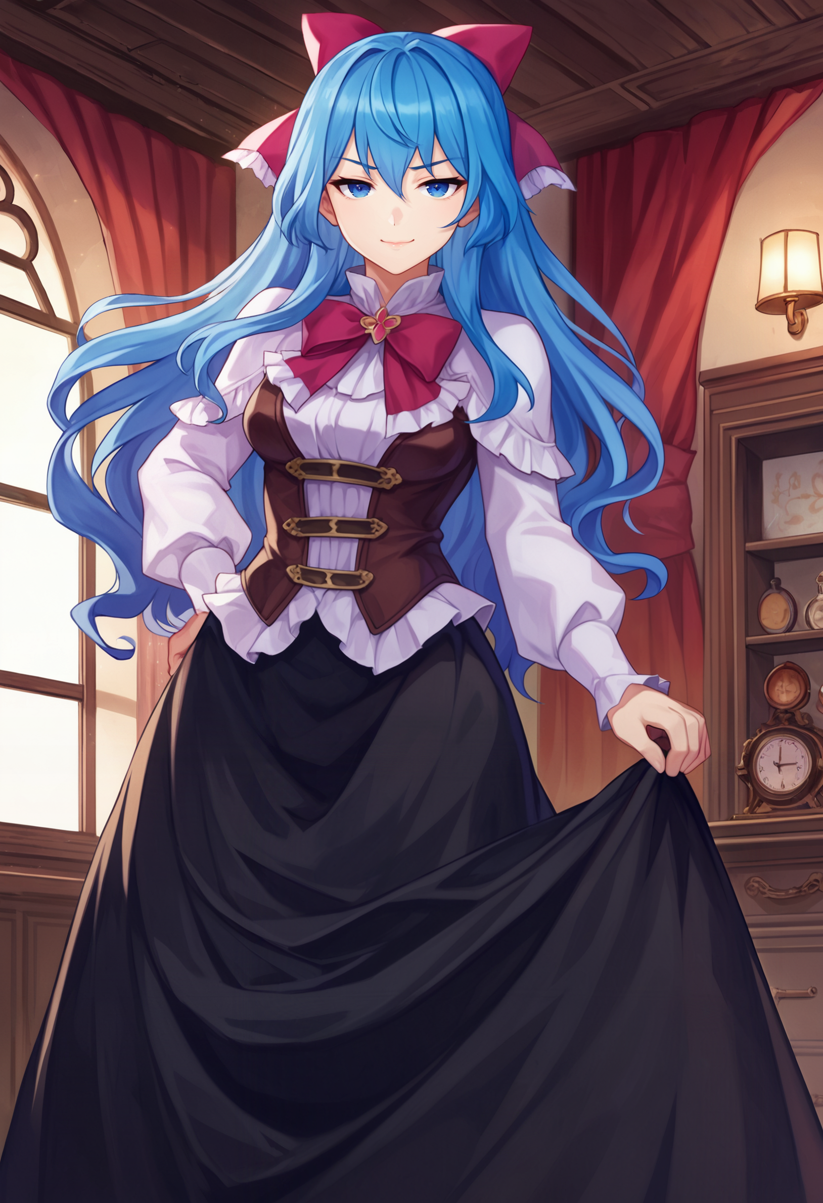 zPDXL, source_anime, BREAK
liselotte, blue hair, sidelocks, blue eyes,
closed mouth, naughty face,
default outfit,  hair bow, black skirt, long skirt, 
cowboy shot, standing,
indoors   <lora:liselotte-cretia-pdxl2-005:0.8>