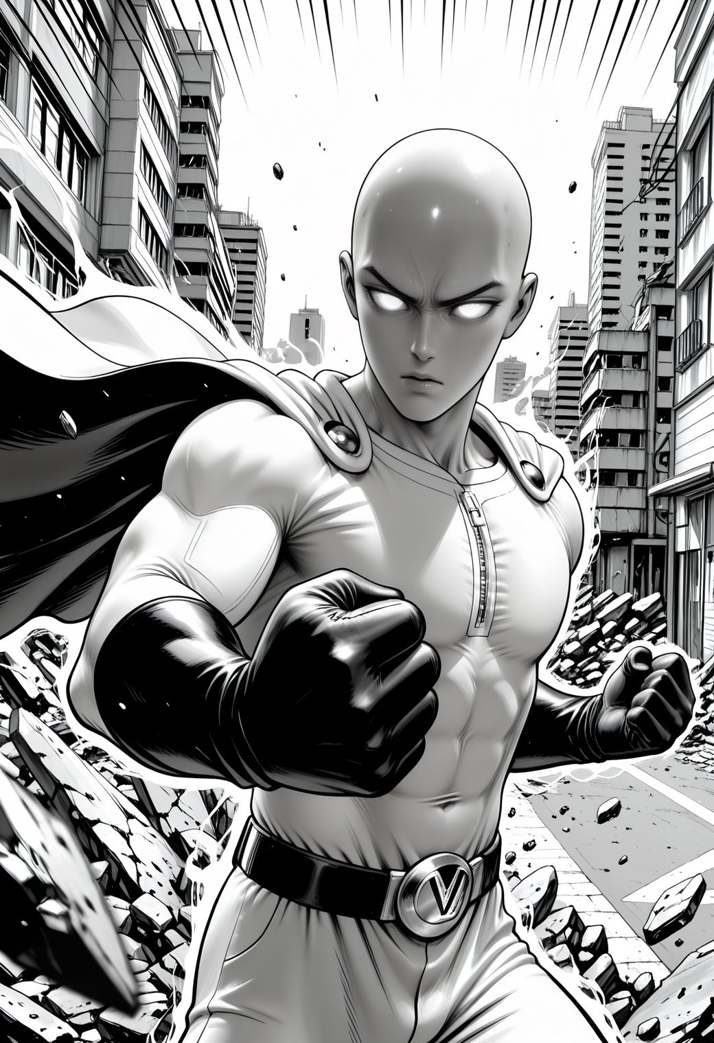 SmoothNoob_Quality, (Murata Yuusuke:1.5), manga style, greyscale, 1boy, male focus, saitama \(one-punch man\), superhero costume, cape, gloves, bald, toned, shaded face, glowing eyes, no pupils, debris ,fighting stance, emphasis lines, incoming attack, clenched hands, cowboy shot, building, destruction, street, foreshortening,​​​ aura,