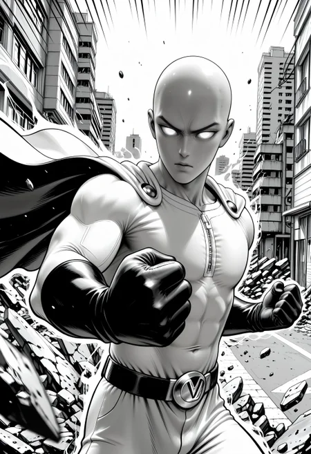 SmoothNoob_Quality, (Murata Yuusuke:1.5), manga style, greyscale, 1boy, male focus, saitama \(one-punch man\), superhero costume, cape, gloves, bald, toned, shaded face, glowing eyes, no pupils, debris ,fighting stance, emphasis lines, incoming attack, clenched hands, cowboy shot, building, destruction, street, foreshortening,βββ aura,