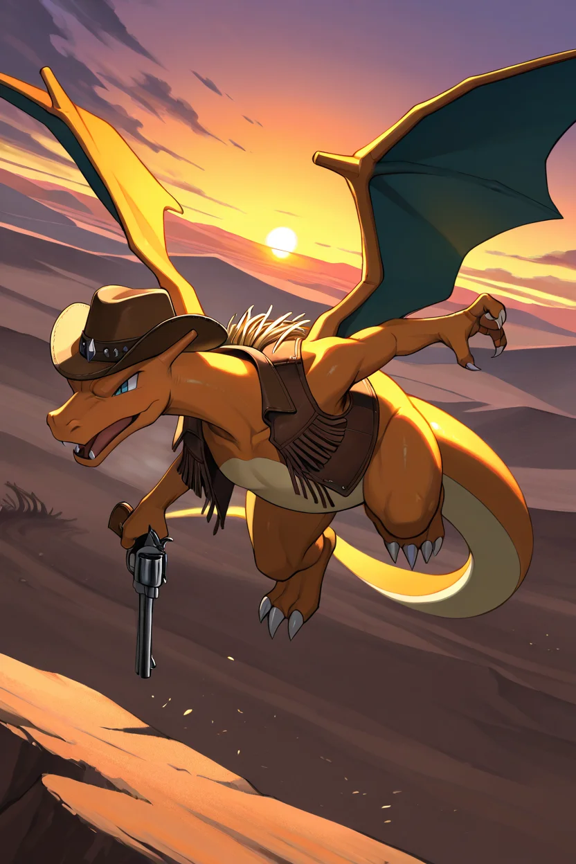 masterpiece, best quality, <lora:CharizardPokedexIXL:1.0>, no humans, solo, dynamic pose, Charizard wearing cowboy hat, boots, leather vest, dusty road, saloon, revolver, sunset, rugged landscape, desert town, tumbleweed