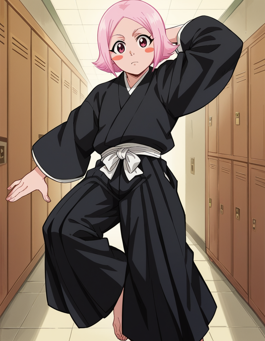 score_9, score_8_up, score_7_up, source_anime, <lora:yachiru-kusajishi-anime-ponyxl-lora-nochekaiser:1>, yachiru kusajishi, short hair, pink hair, pink eyes, blush stickers, forehead,, long sleeves, japanese clothes, hakama, black hakama,, school hallway, lockers, between classes, everyday life, , looking at viewer, foot forward, hand behind head, elbow down, solo,, cowboy shot, dutch angle