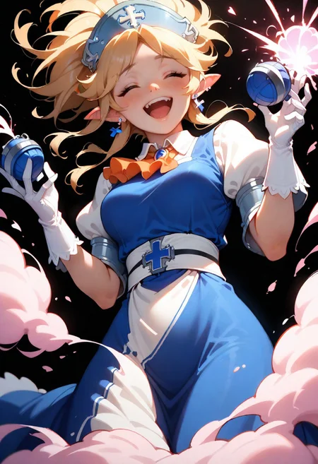 1girl, solo, yukaridef, hat, cross earrings, blue dress, orange ascot, white shirt, white gloves, holding grenade, laughing, leaning back, closed eyes, dark background, pink explosion, heart background, feet out of frame, three quater view, backlightling, masterpiece, best quality, very aesthetic, absurdres