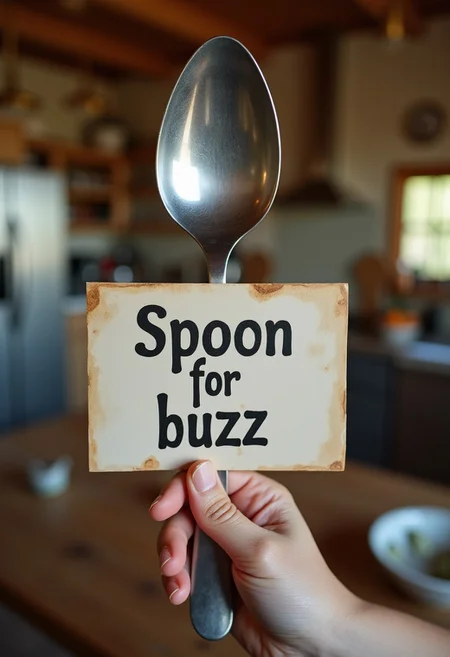 a large metal table spoon close up portrait photo , holding a sign "spoon for buzz" 400H film, background of a farm house kitchen